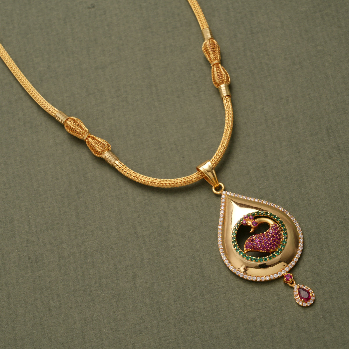 Regal Ruby Emerald Peacock Design Golden Necklace