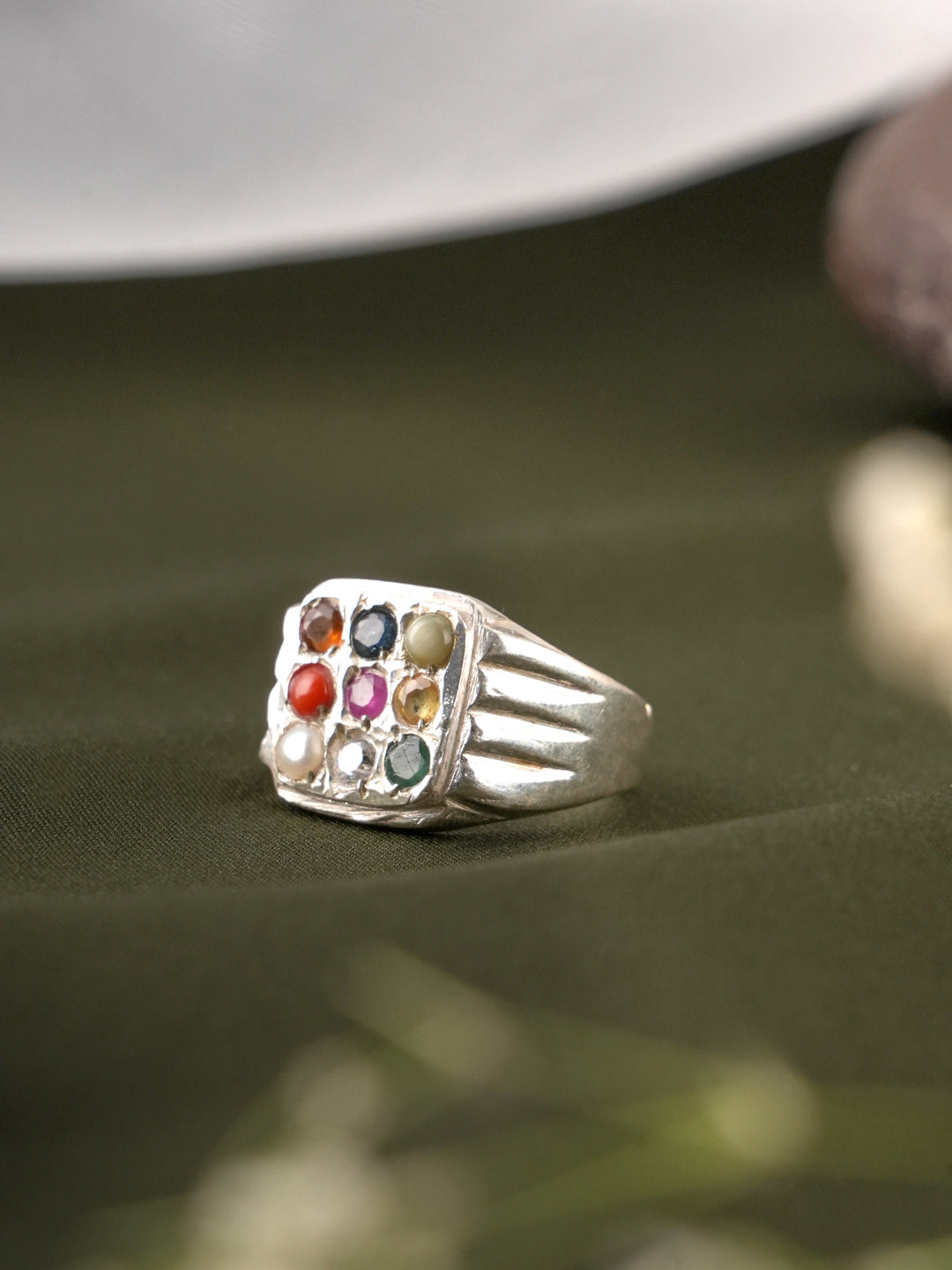 Square Shaped Navarathna Gemstone Silver Ring
