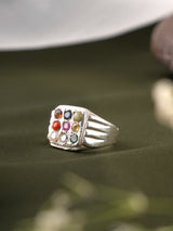 Square Shaped Navarathna Gemstone Silver Ring