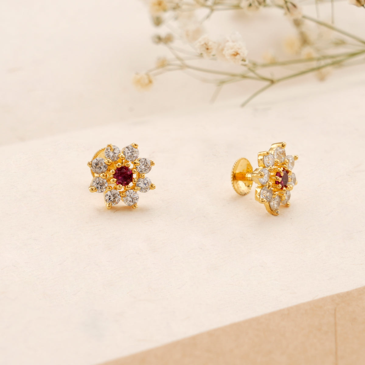 Floral Pattern Centre Ruby Golden Earring