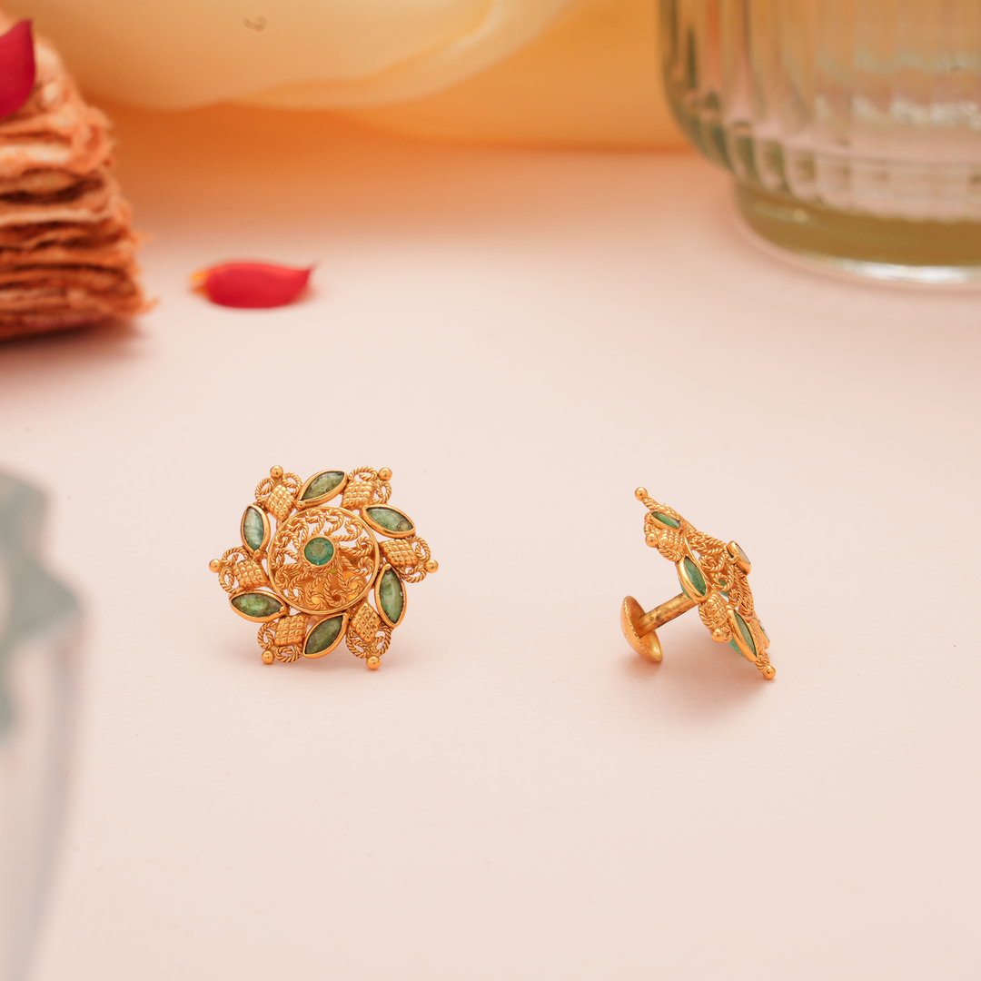 Blooming Flower Gold Emerald Stud