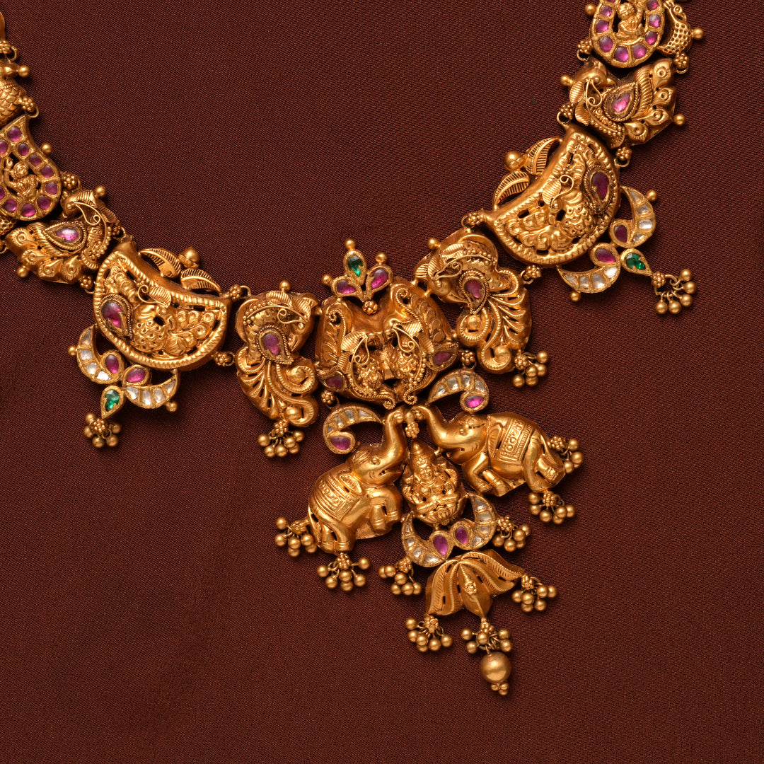 Traditional Gaja Lakshmi Ruby Gold Necklace