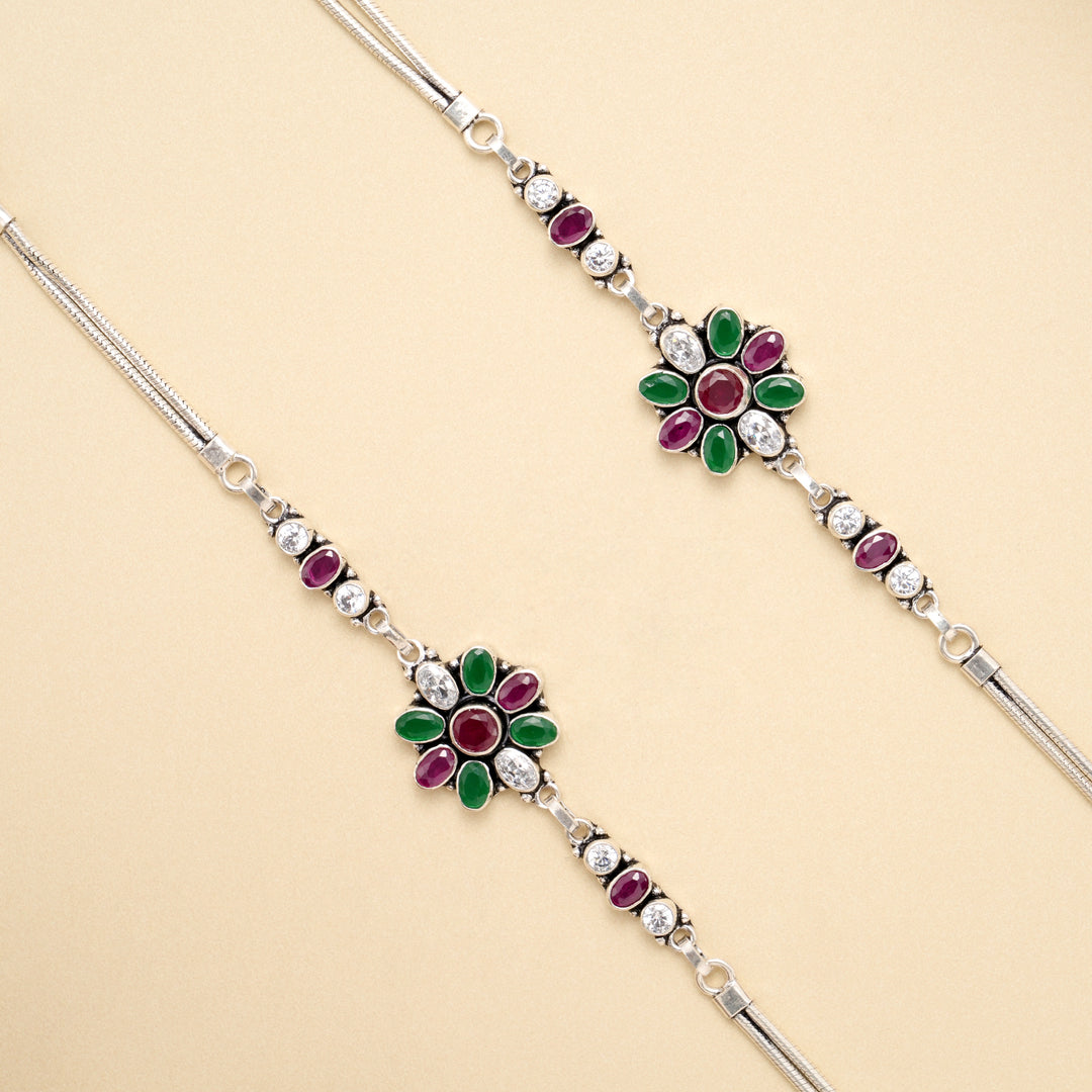 Emerald Ruby Bloom Silver Antique Anklet