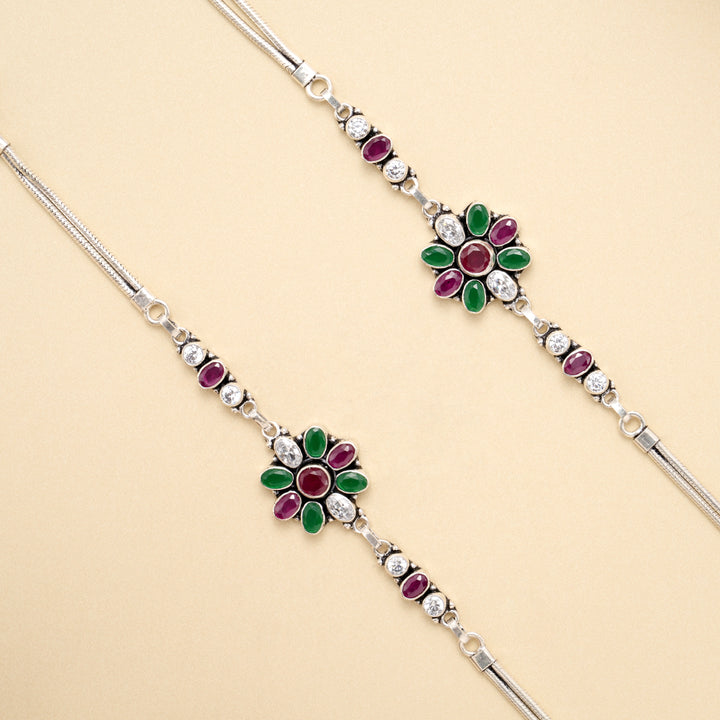 Emerald Ruby Bloom Silver Antique Anklet