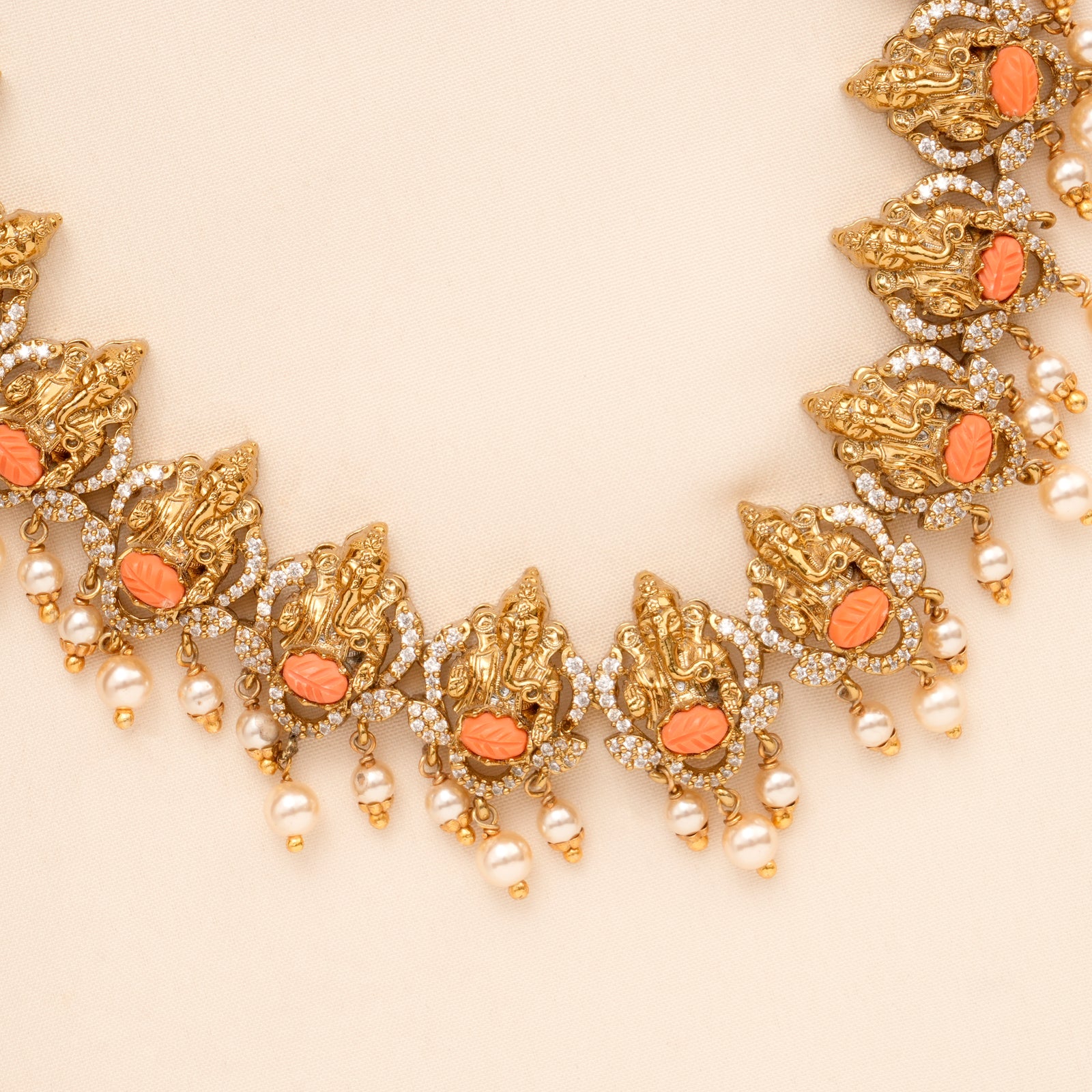 Fancy Ganesh Coral with Pearl Work Golden Necklace