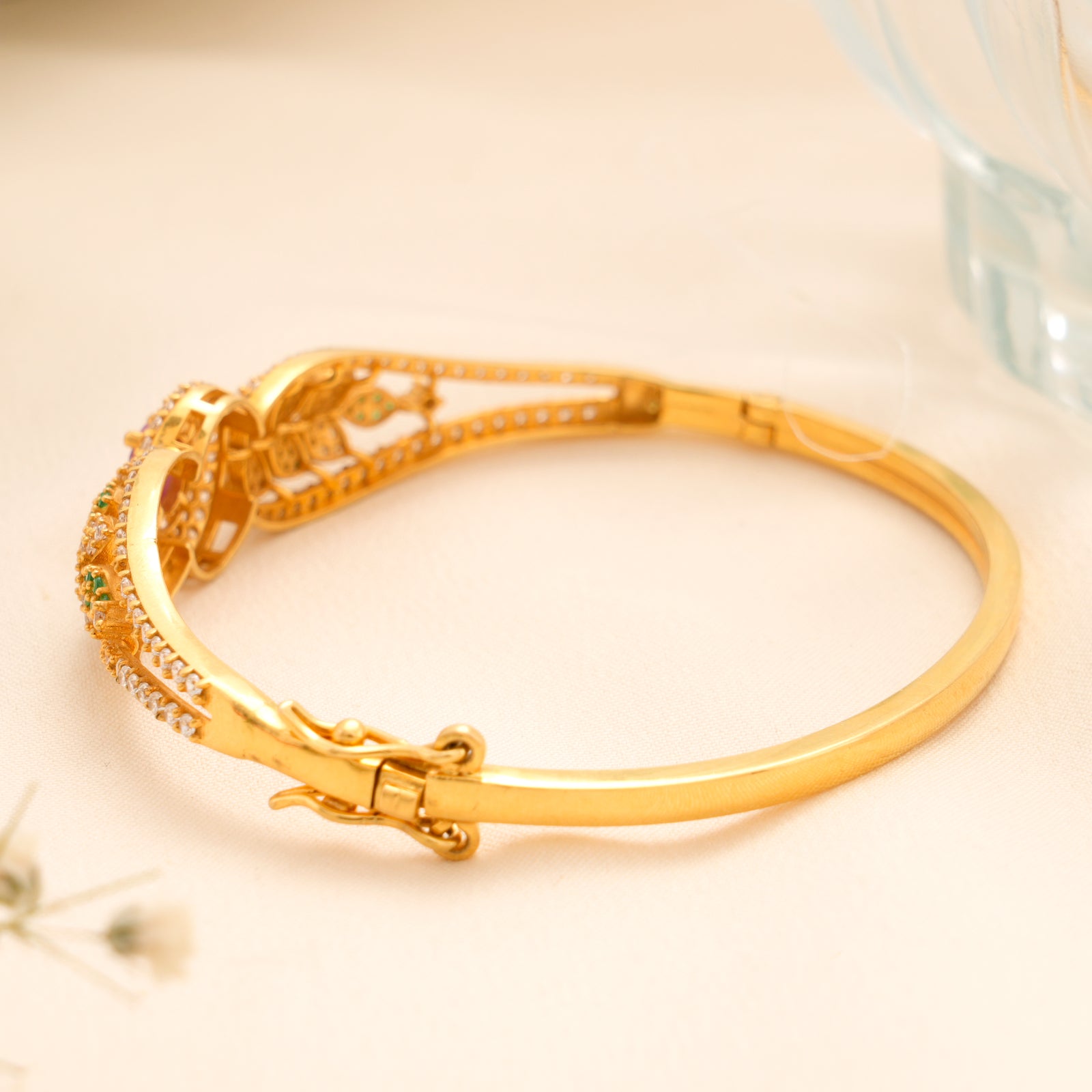 Ruby Emerald with Floral Style Gold Kada