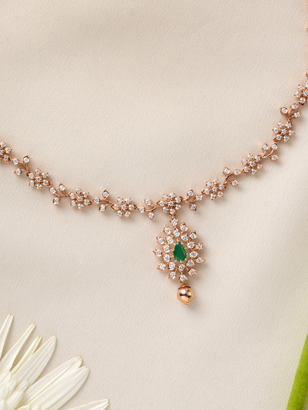 Floral Emerald Diamond Rose Gold Necklace