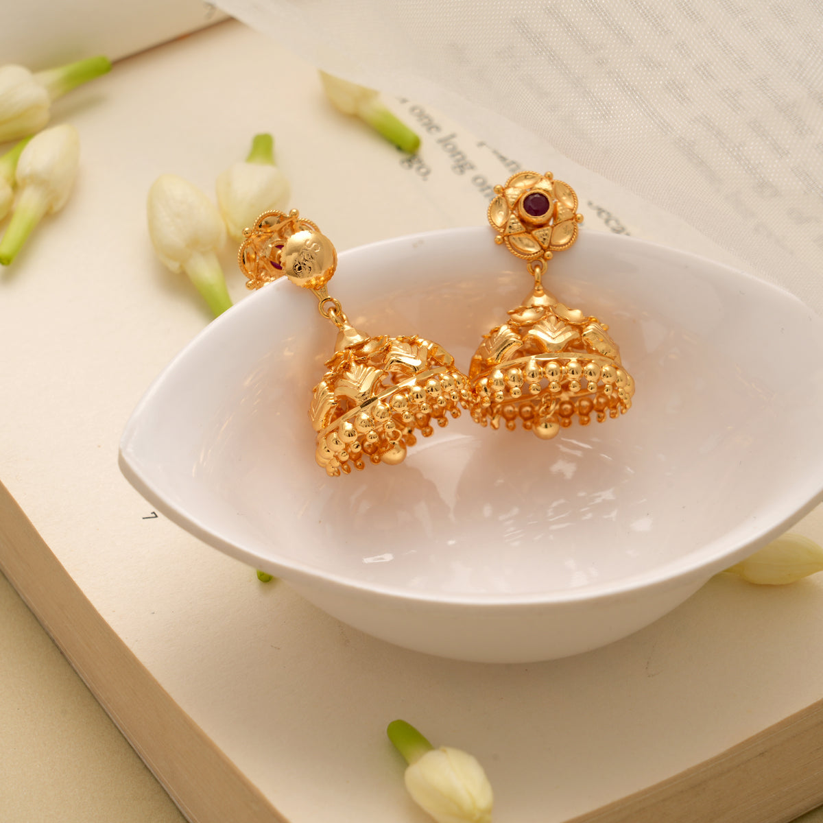 Elegant Leafy Pattern Golden Jhumkas