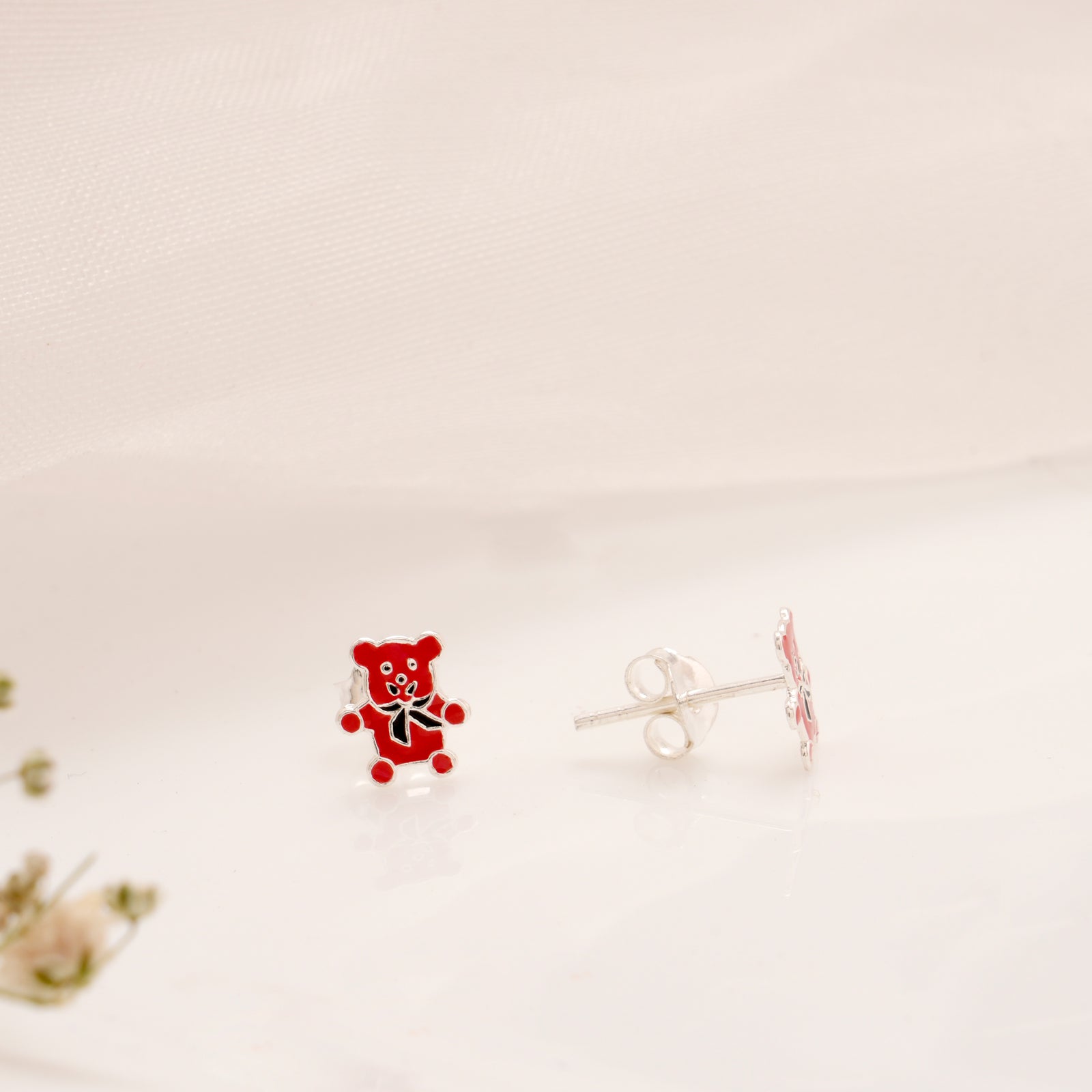 Red Enamel Teddy Silver Stud