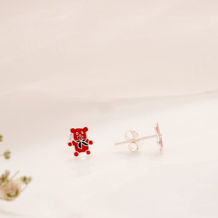 Red Enamel Teddy Silver Stud