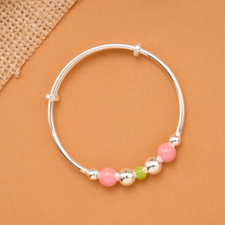 Pink & Green Bead Baby Silver Bangle