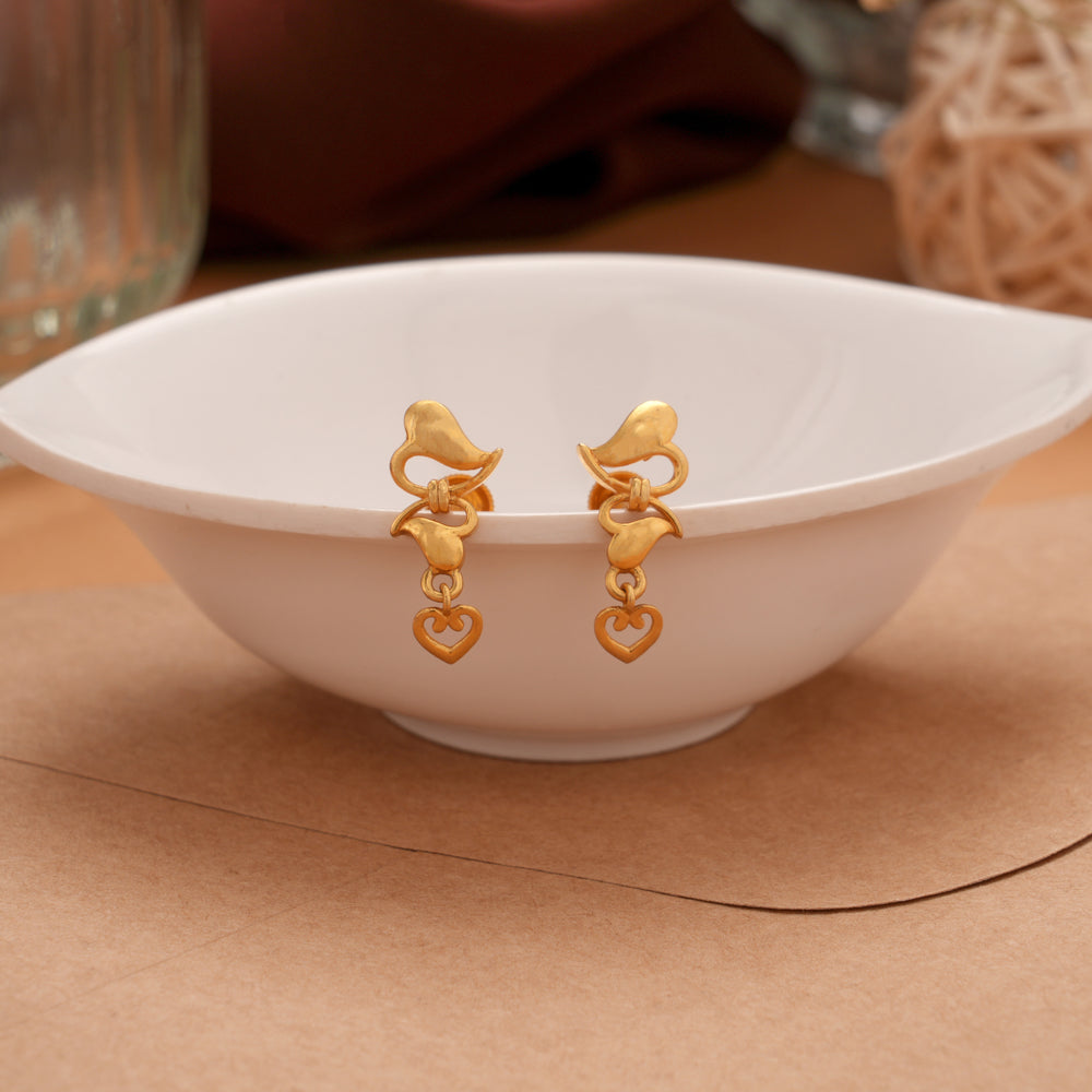 Dual Heart Hanging Drops Gold Earring