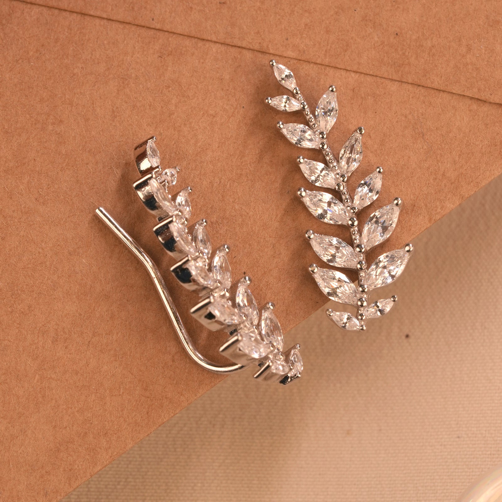 Sparkling Leaf Silver Ear Climber Stud
