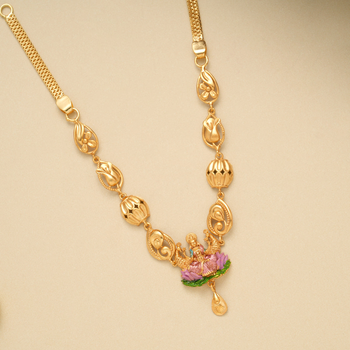 Classic Flower Lakshmi Design Golden Necklace Set