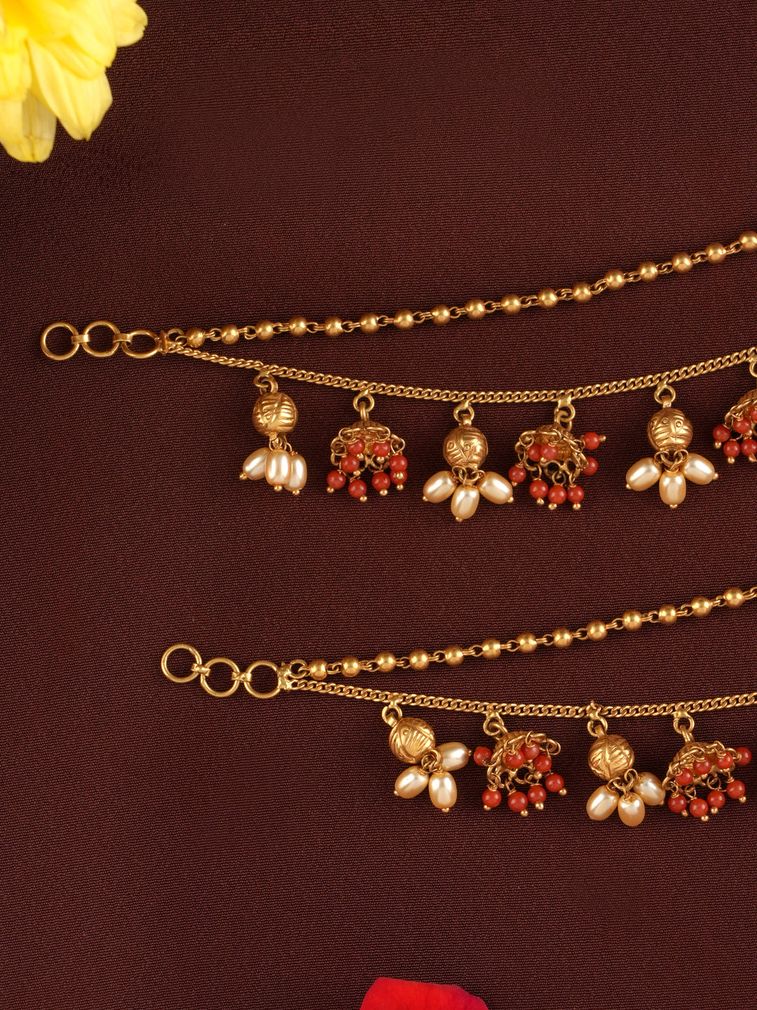 Two Layer Ruby and Pearl Gold Ear Chain