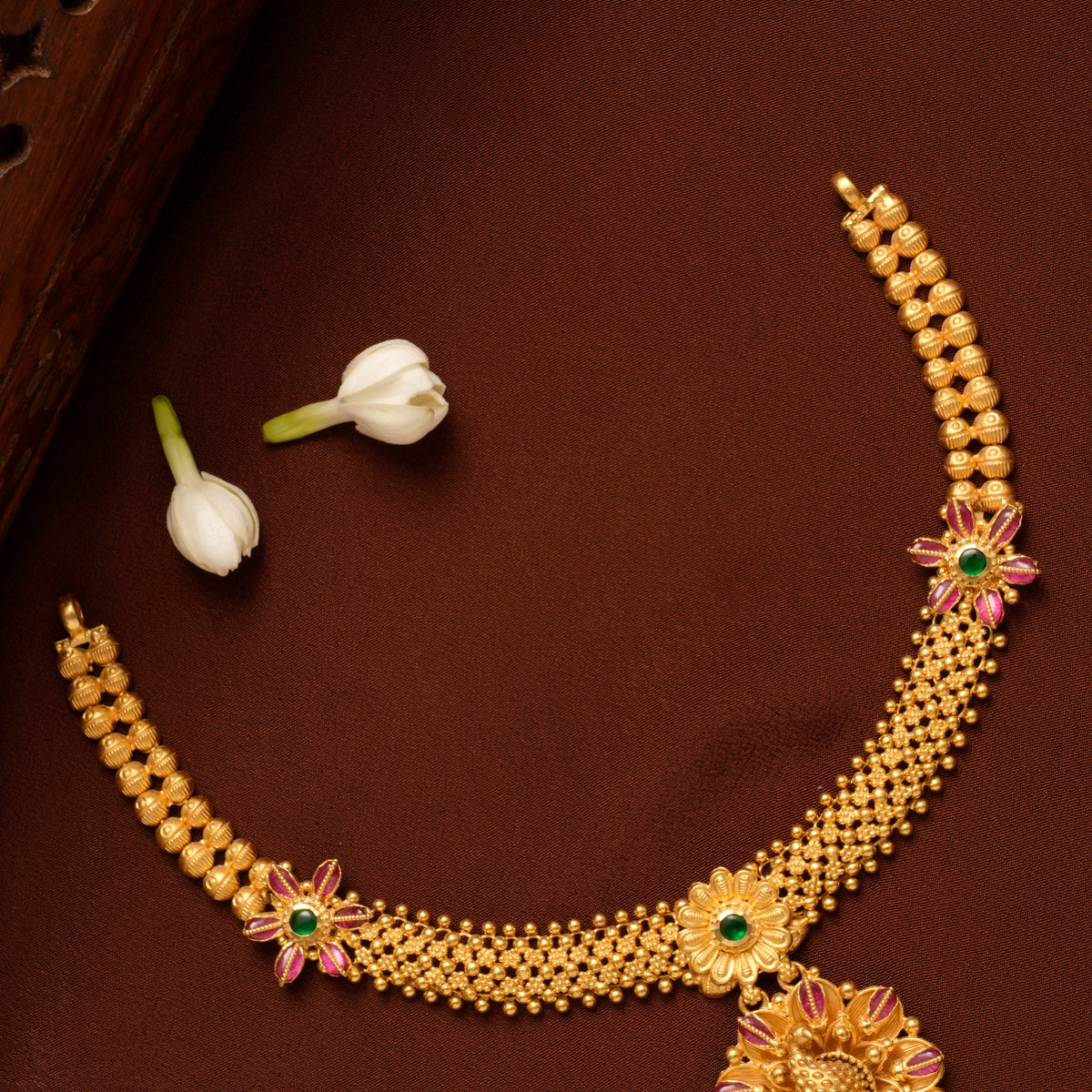 Floral Peacock Ruby Emerald Gold Necklace