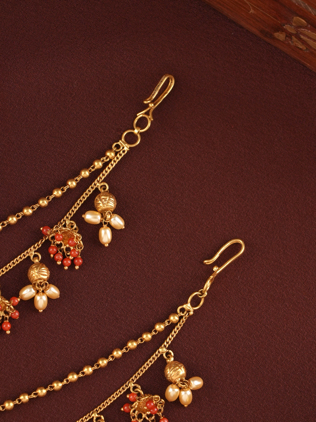 Two Layer Ruby and Pearl Gold Ear Chain