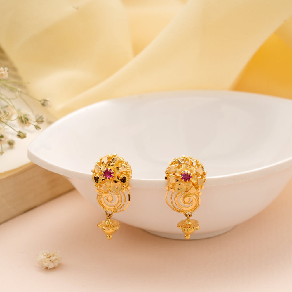 Classic Floral Design Gold Drop Earrings