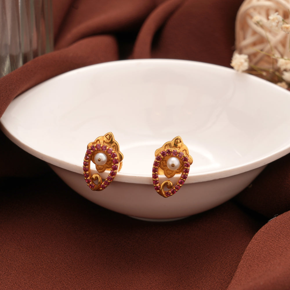 Ruby Stone with Pearl Design Gold Stud