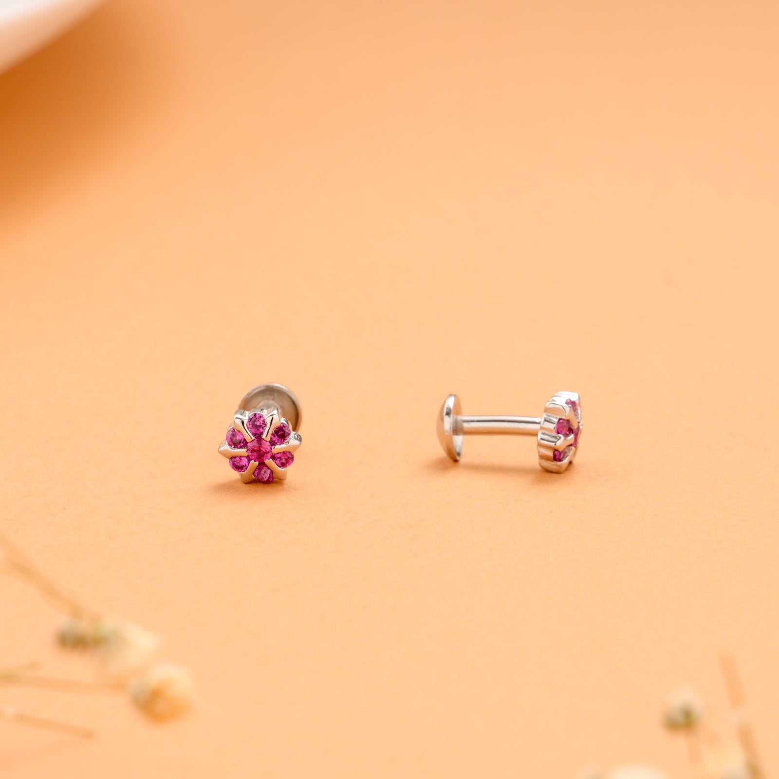 Minimal Pink Floral Cluster Silver Stud