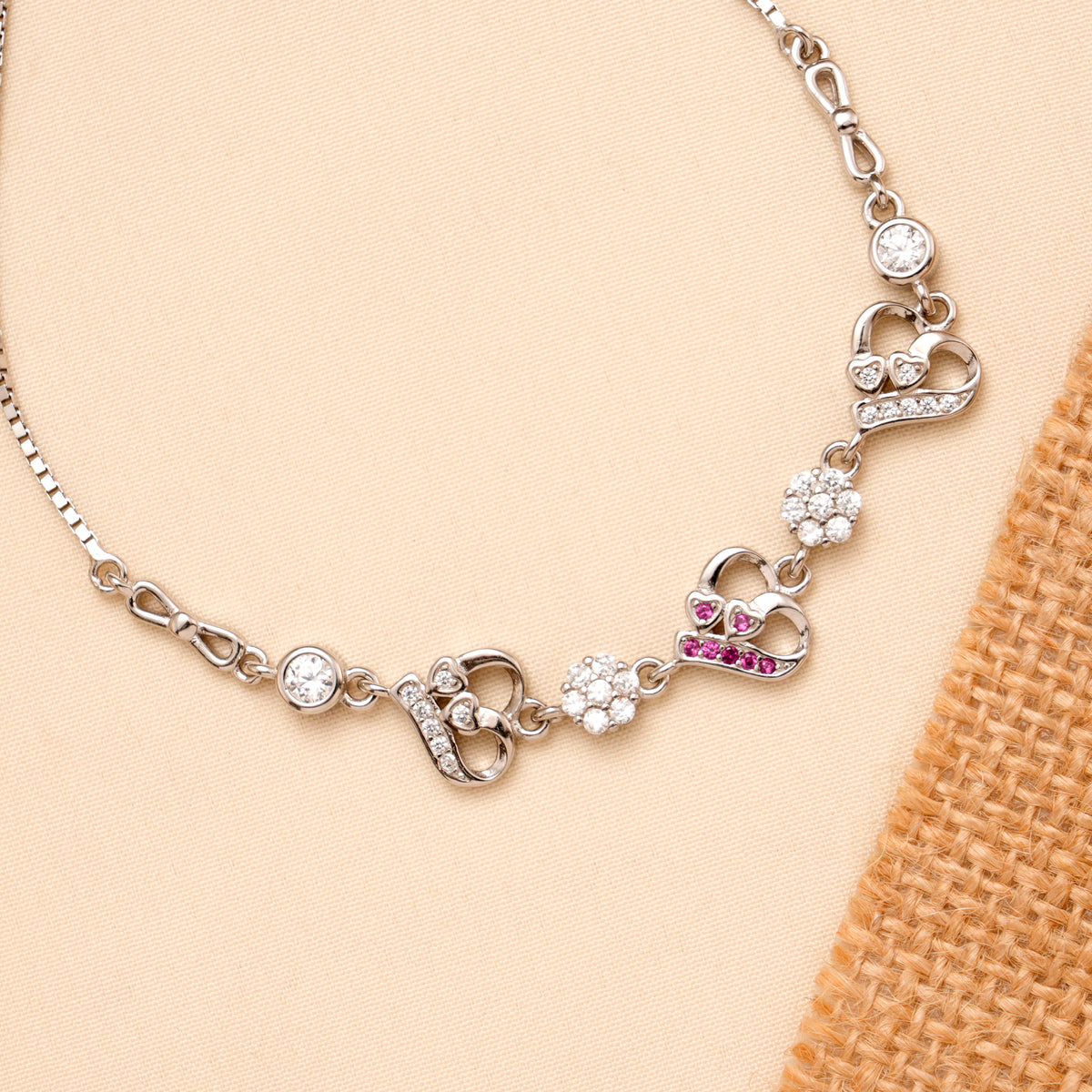 White with Pink Blossom Heart Silver Bracelet