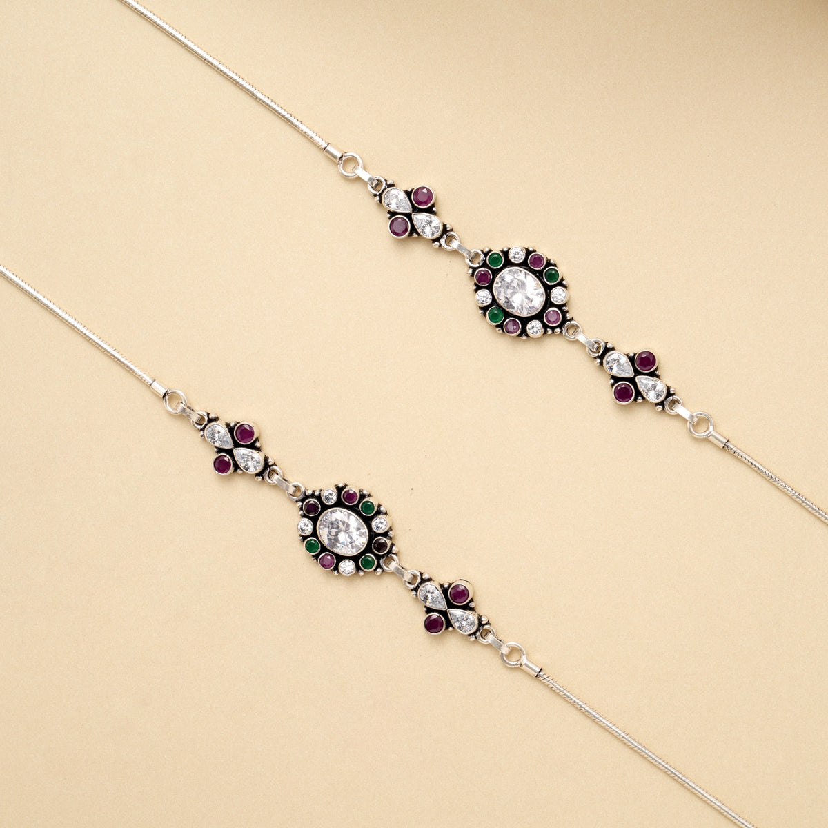 Antique Elegant Oval Stone Silver Anklet