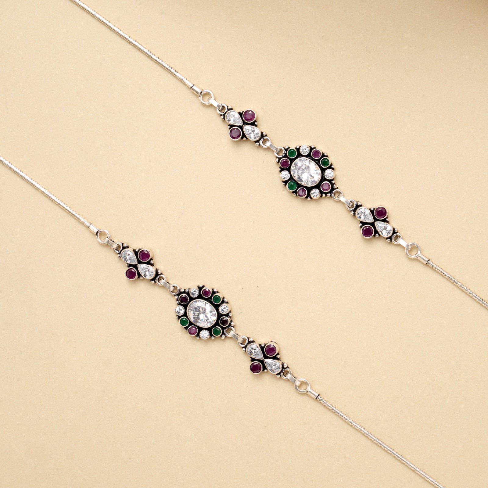 Antique Elegant Oval Stone Silver Anklet