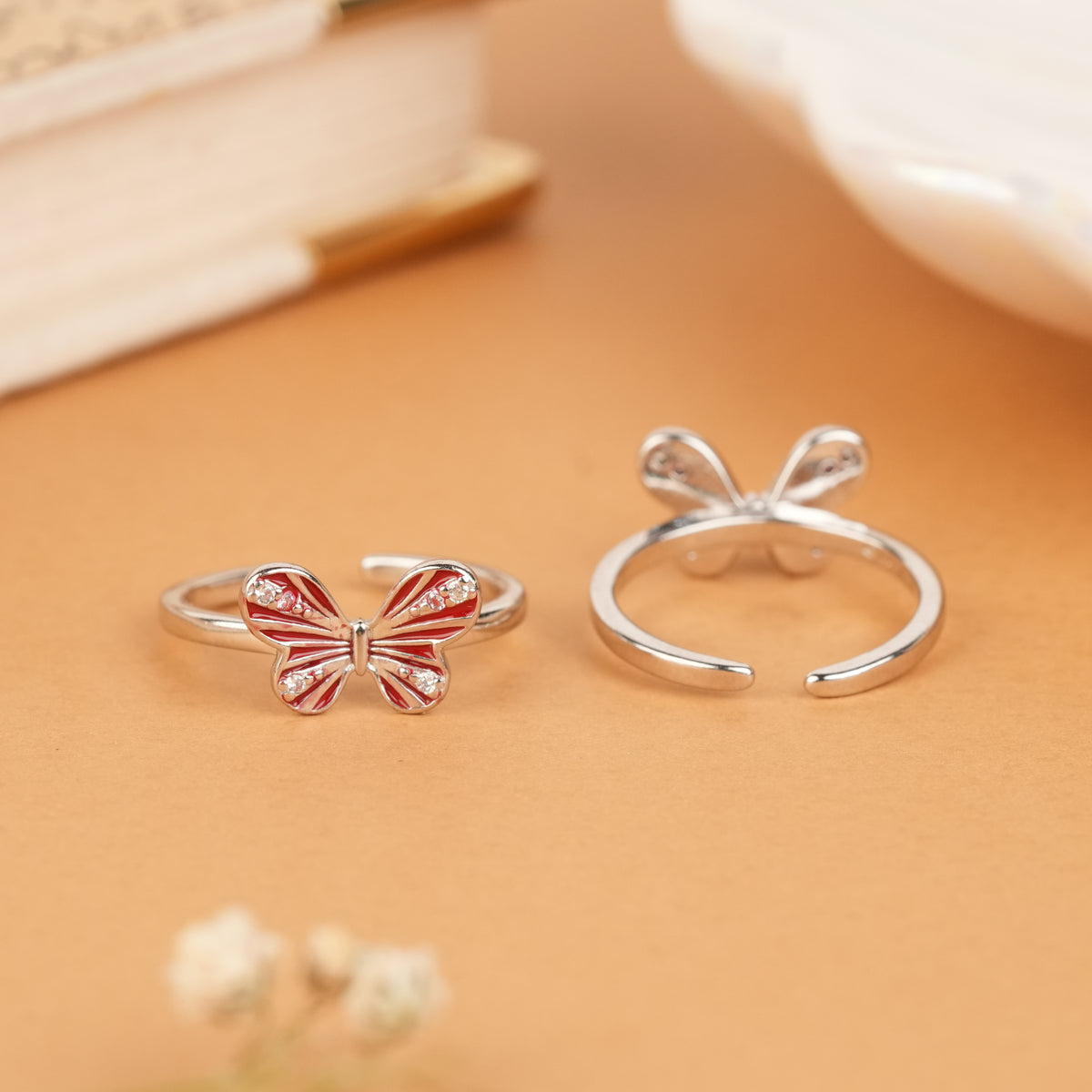 Stylish Red Butterfly Silver Toe Ring