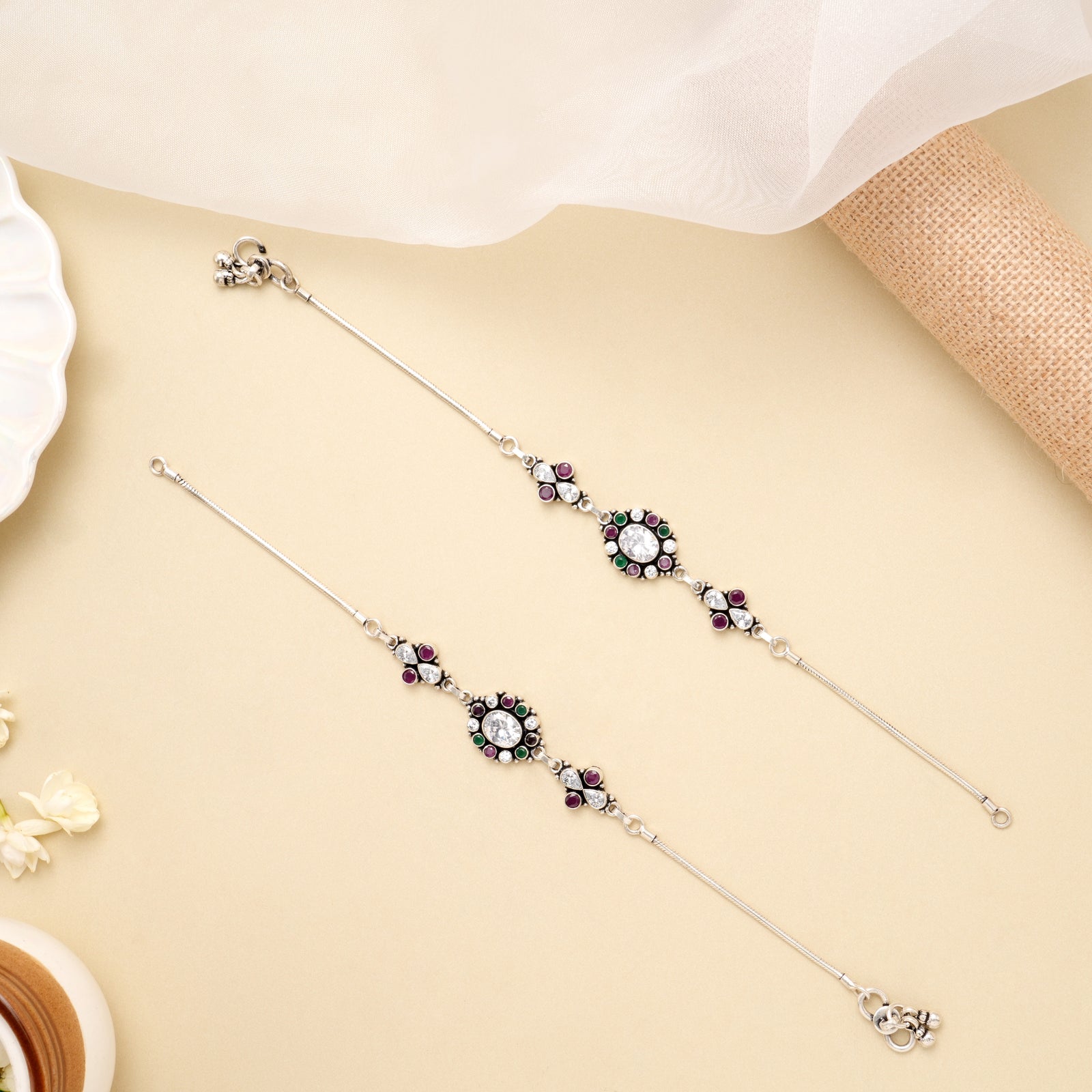 Antique Elegant Oval Stone Silver Anklet
