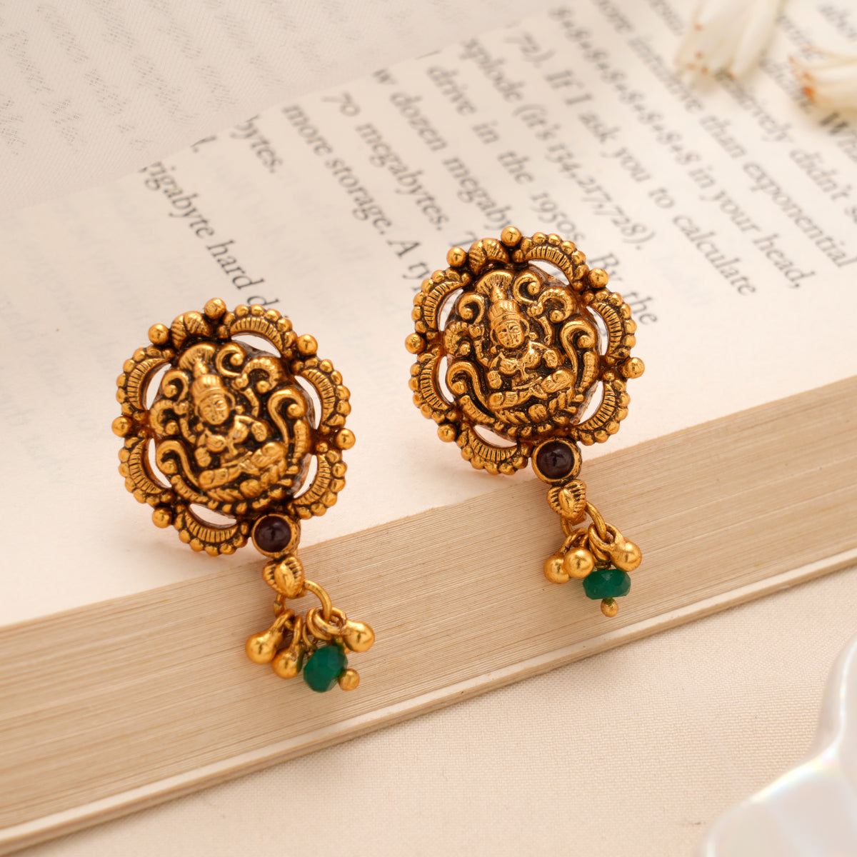 Lakshmi Green Bead Drop Temple Golden Stud