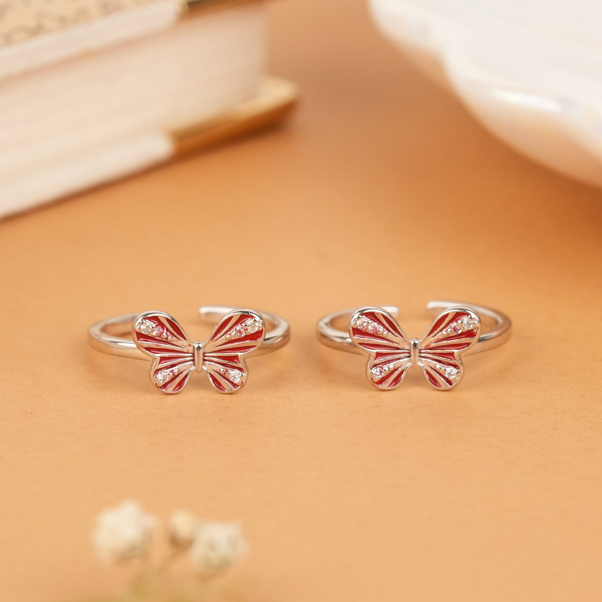 Stylish Red Butterfly Silver Toe Ring