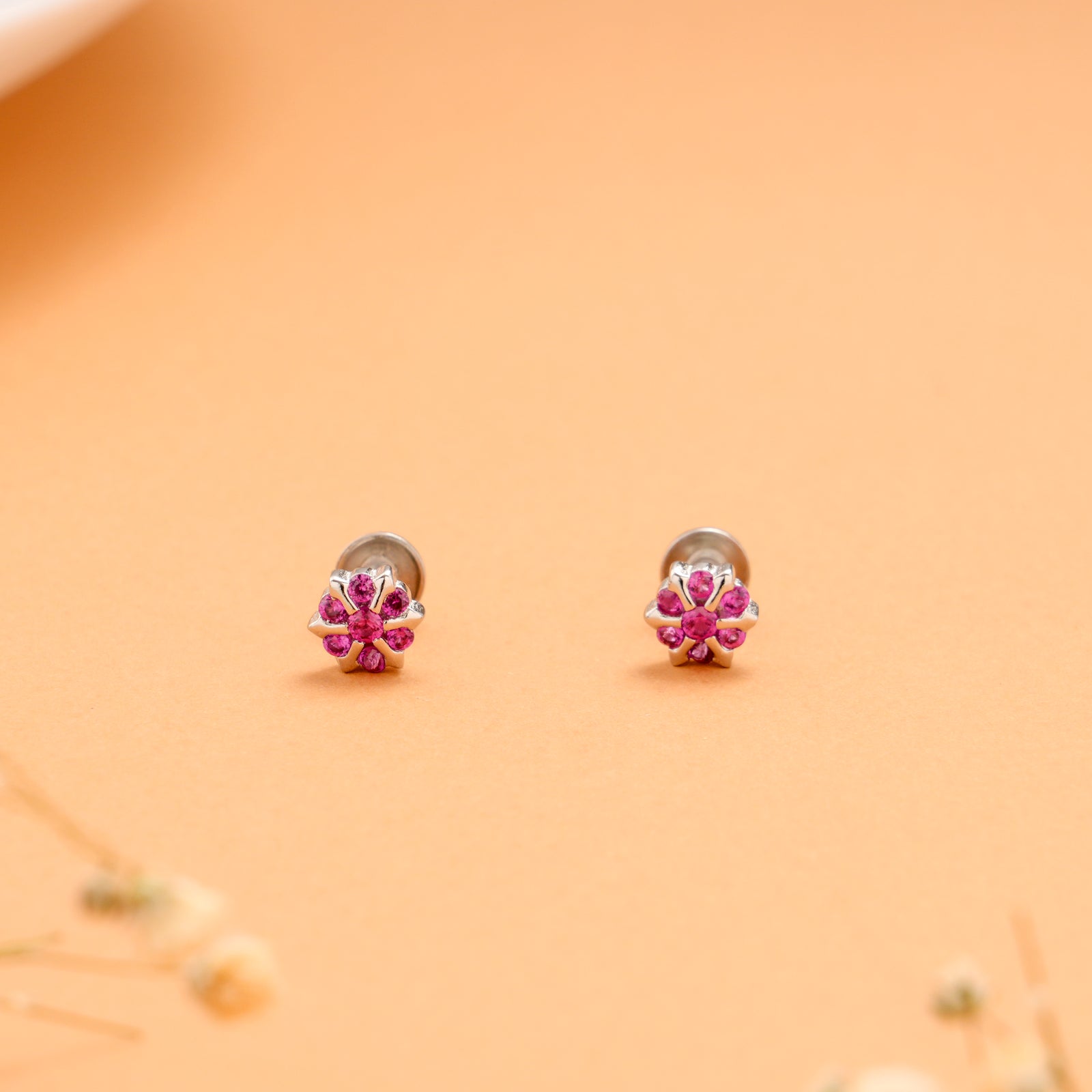 Minimal Pink Floral Cluster Silver Stud