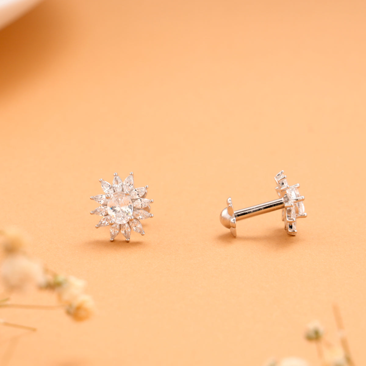 Vibrant Sunflower Pattern White Stone Silver Stud
