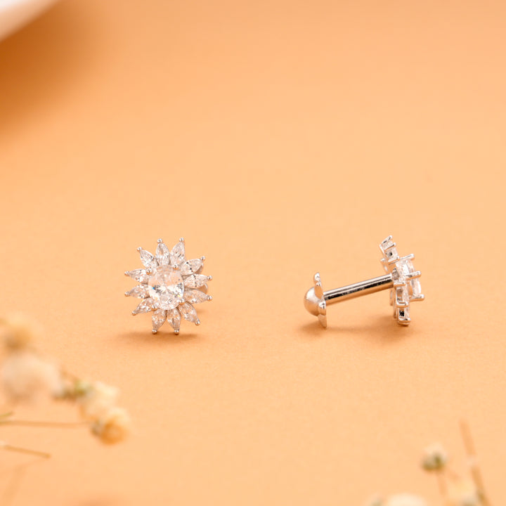 Vibrant Sunflower Pattern White Stone Silver Stud