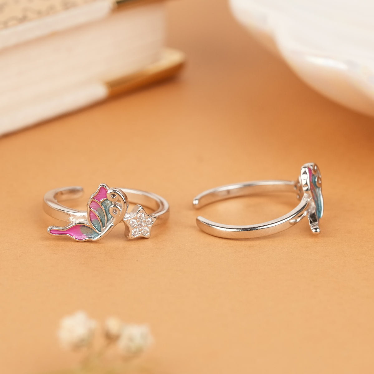 Minimal Pink Blue Butterfly Star Silver Toe Ring