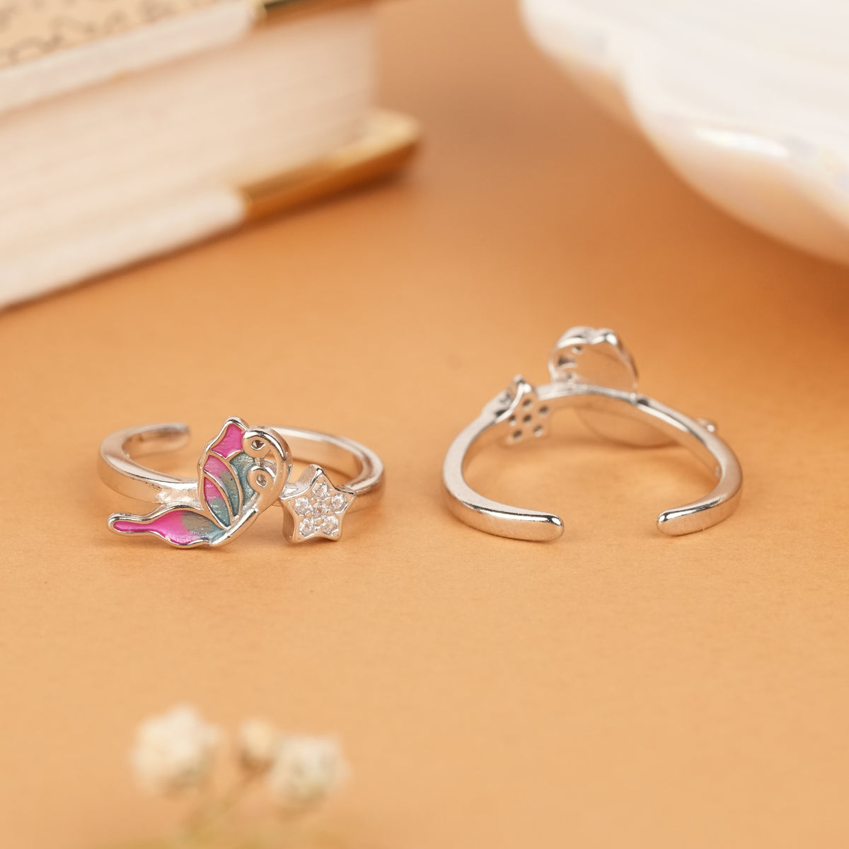 Minimal Pink Blue Butterfly Star Silver Toe Ring