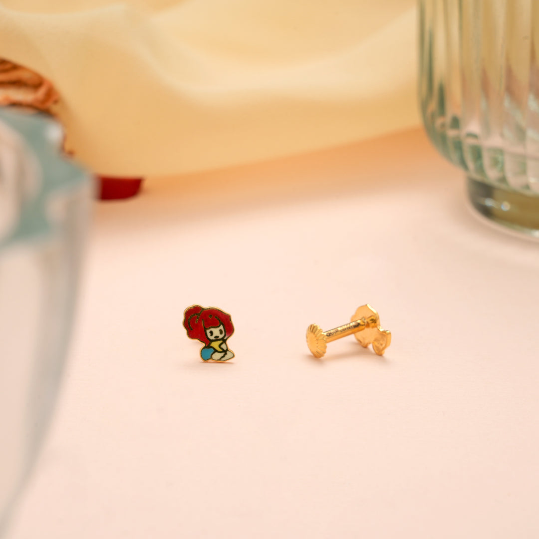 Cute Red Hair Doll Enamel Gold Studs for Kids