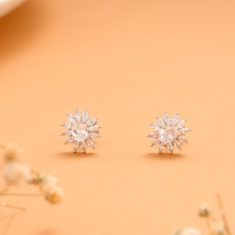 Vibrant Sunflower Pattern White Stone Silver Stud