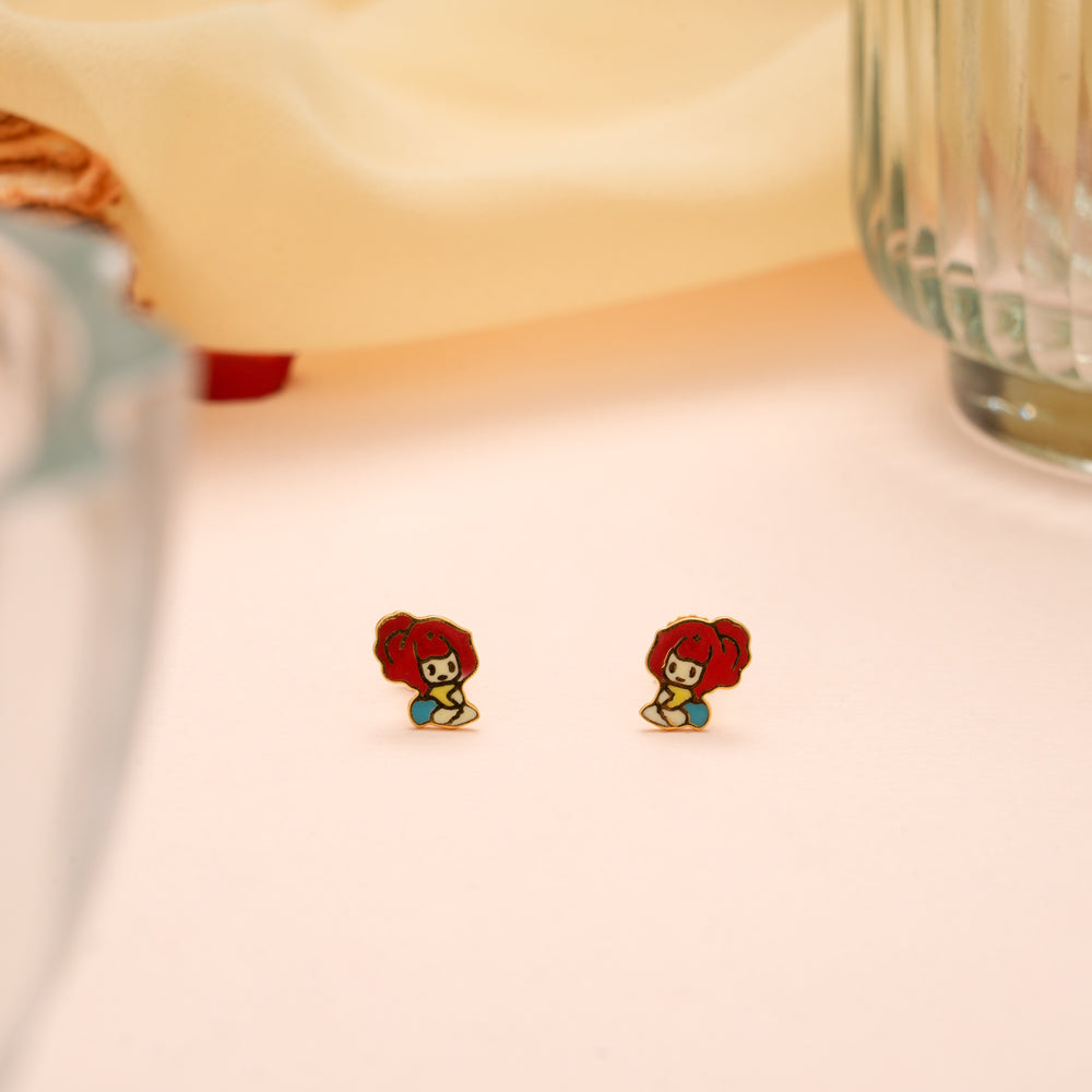 Cute Red Hair Doll Enamel Gold Studs for Kids
