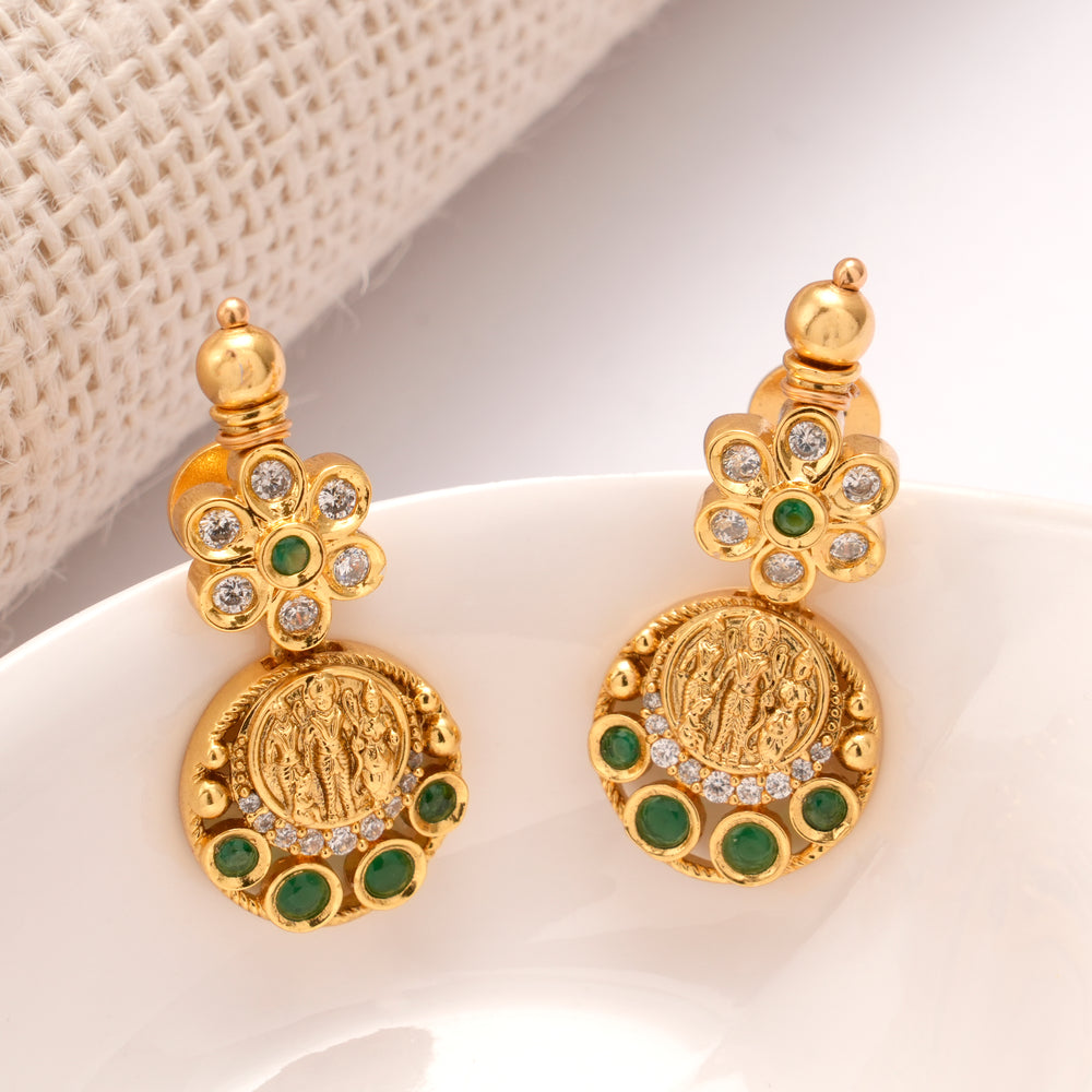 Floral Coin Drop Ram Darbar Golden Earrings