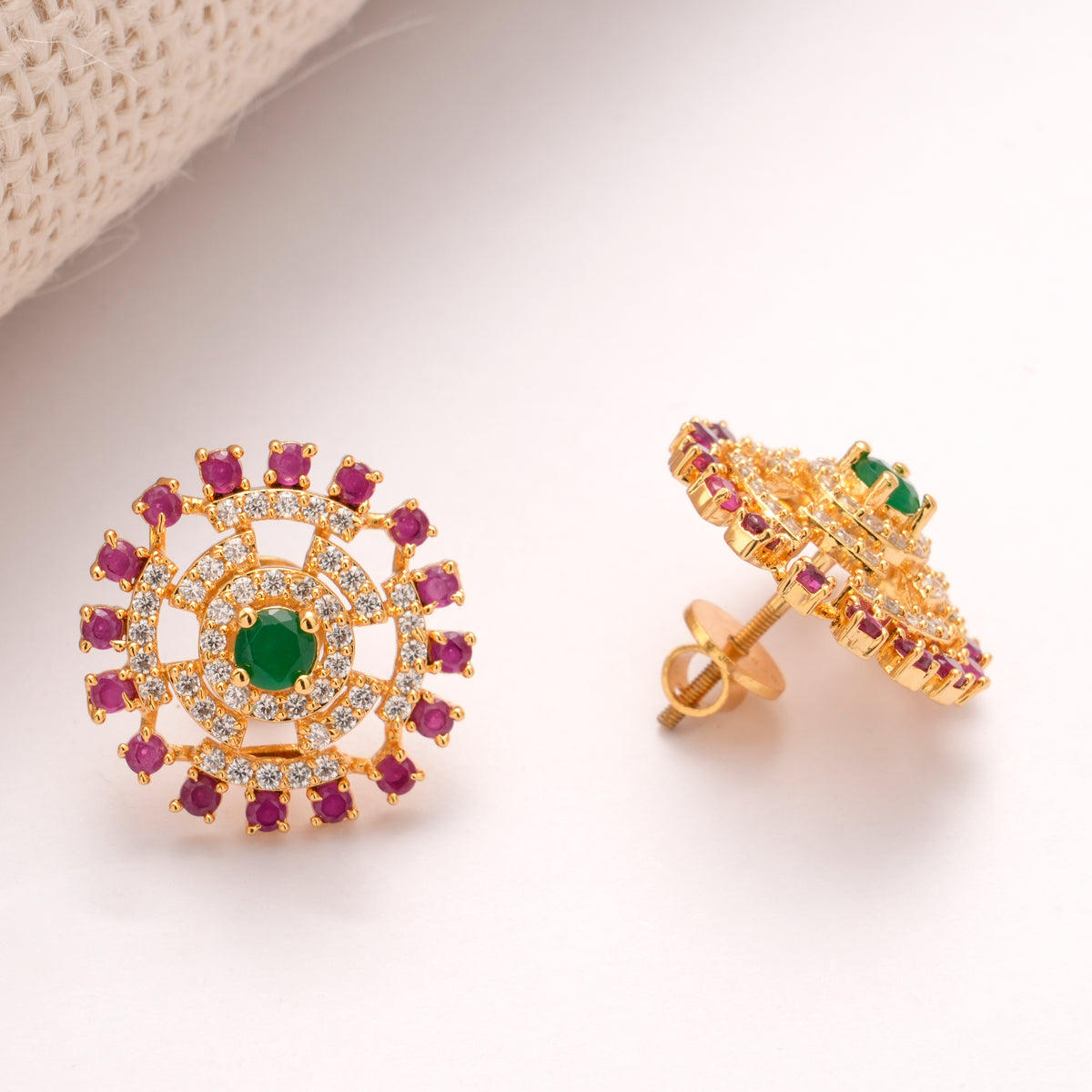 Floral Emerald with Pink White Stone Golden Stud