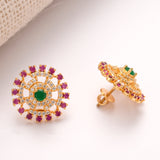Floral Emerald with Pink White Stone Golden Stud