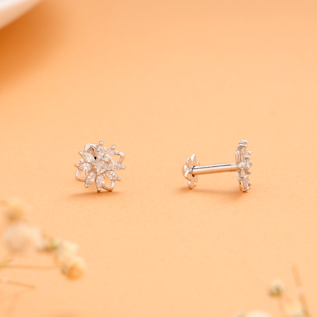 Elegant Square Flower Design Silver Stud