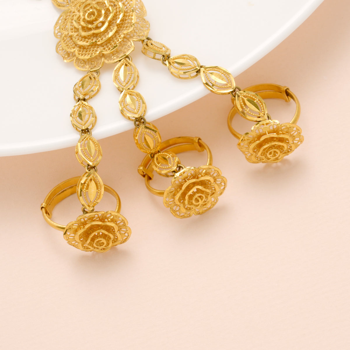 Elegant Floral Hath Phool Gold Bracelet with Triple Rings