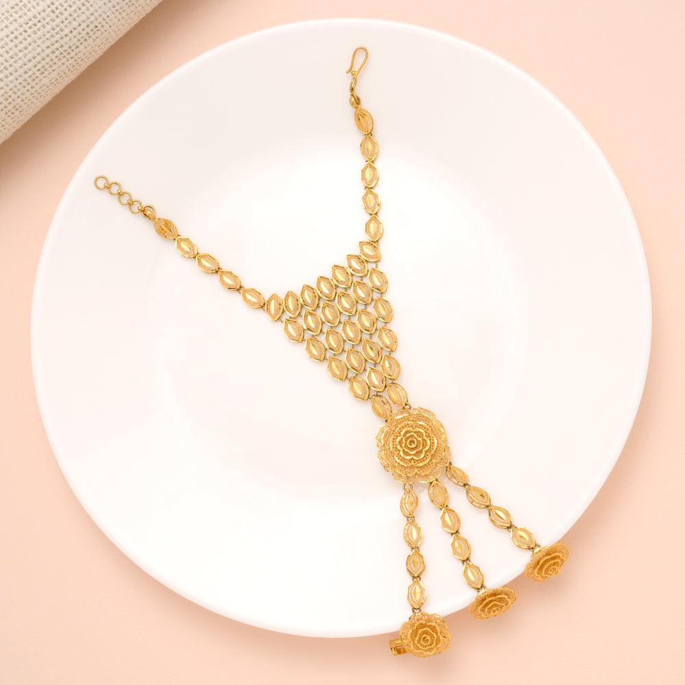 Elegant Floral Hath Phool Gold Bracelet with Triple Rings