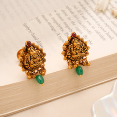 Lakshmi Ruby Green Bead Drop Silver Temple Stud