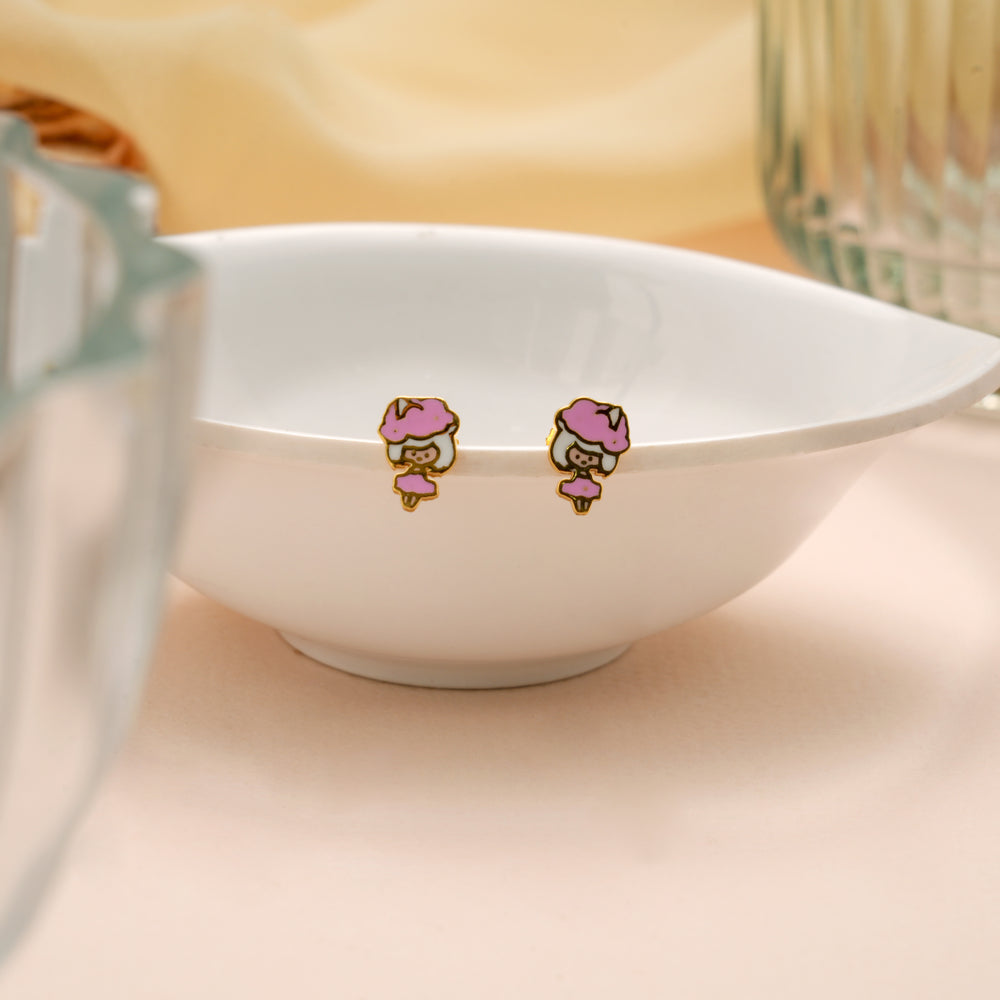 Joy Pink Enamel Doll Face Gold Stud