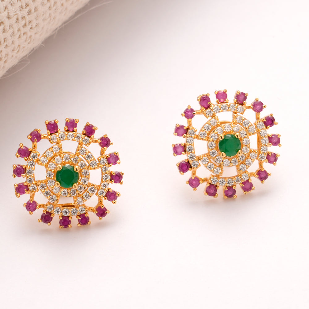 Floral Emerald with Pink White Stone Golden Stud