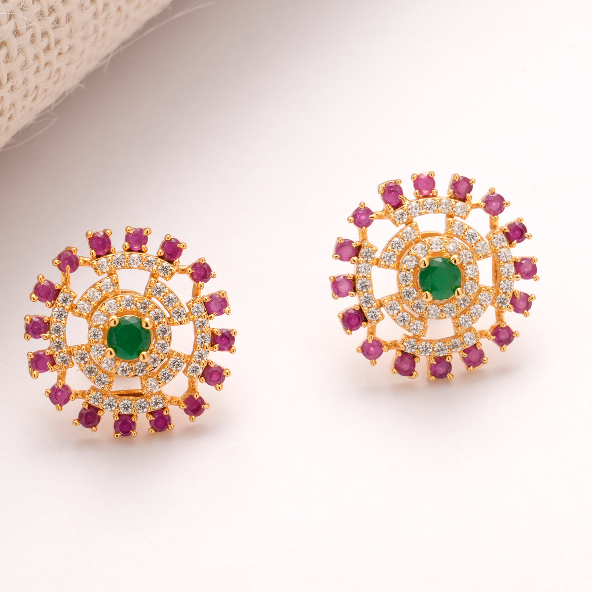 Floral Emerald with Pink White Stone Golden Stud