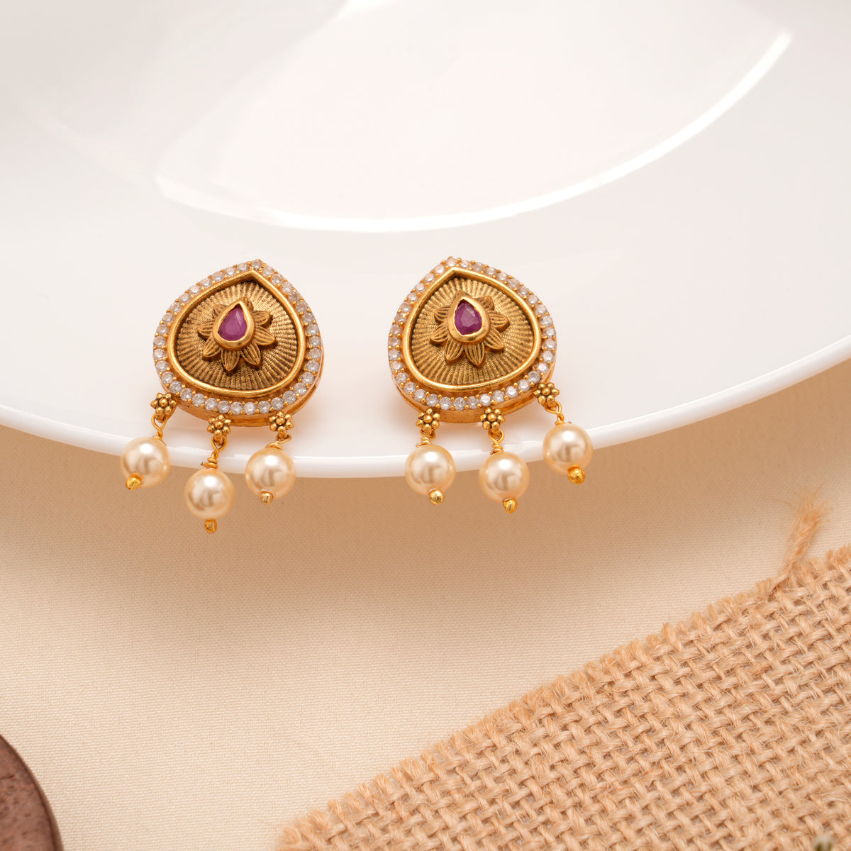 Vintage Golden Ruby Studs with Pearl Drops